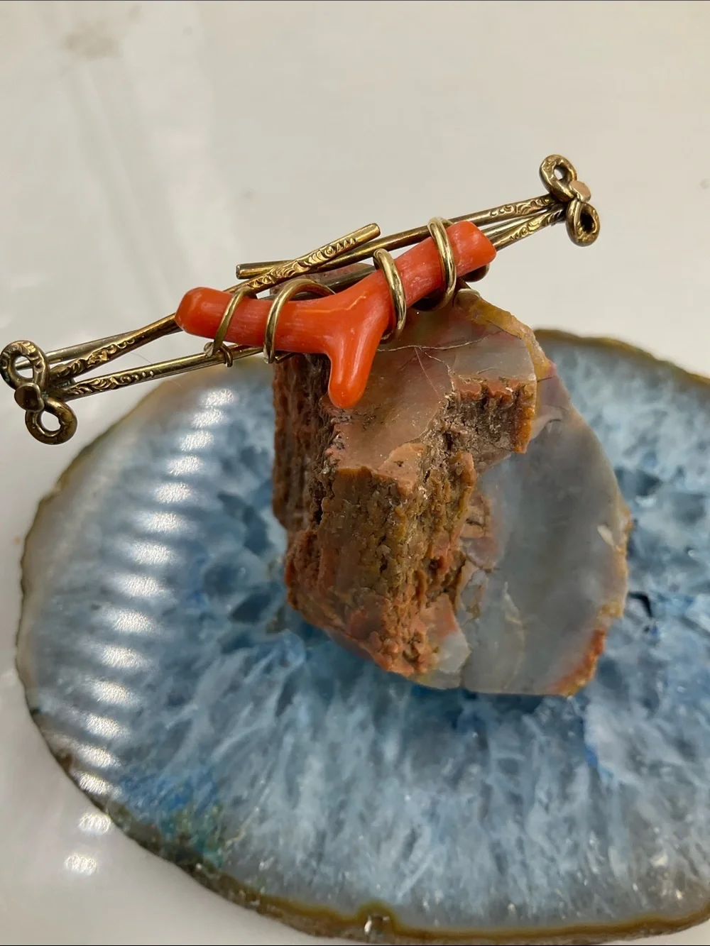 Vtg. 1880’s Victorian Red Branch Coral Affixed To A Gold Filled Ornate Brooch